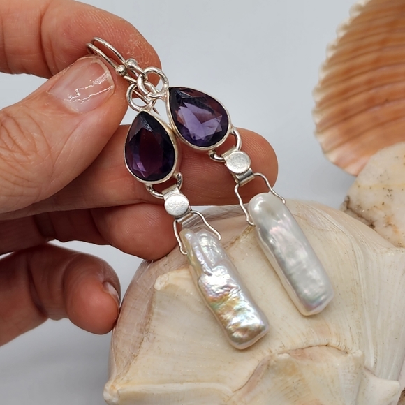 Natural Amethyst Natural Irregular Pearls Stones Silver 925 Earrings - Picture 8 of 10